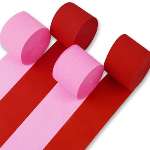 PartyWoo Pink and Red Crepe Paper Streamers 4 Rolls 328 ft Pack of Hot Pink and Red Crepe Paper for Baby Shower Valentines Day Bachelorette Birthday Party Decorations 18 Inch x 82 FtRoll