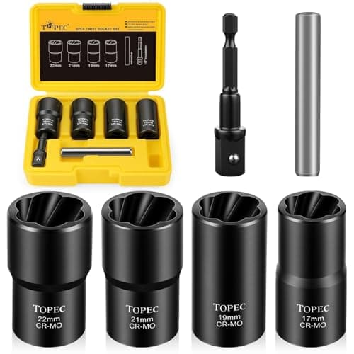 Topec 6PCS Lug Nut Removal Tool, 1/2-Inch Drive Wheel Lock Removal Kit, 17,19,21,22mm Stripped Lug Nut Remover, Extractor Socket Set for Broken, Damaged, Rounded Bolts