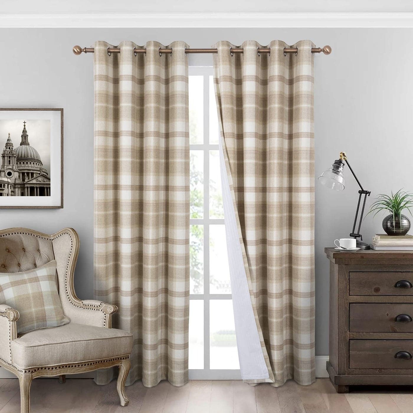 always4u 100 Blackout Curtains Check Eyelet Curtain Bedroom Plaid Woven Brushed Cheque Pair of Highland Woolen Look Window Treatment for Living Room Beige 90 90 Inches