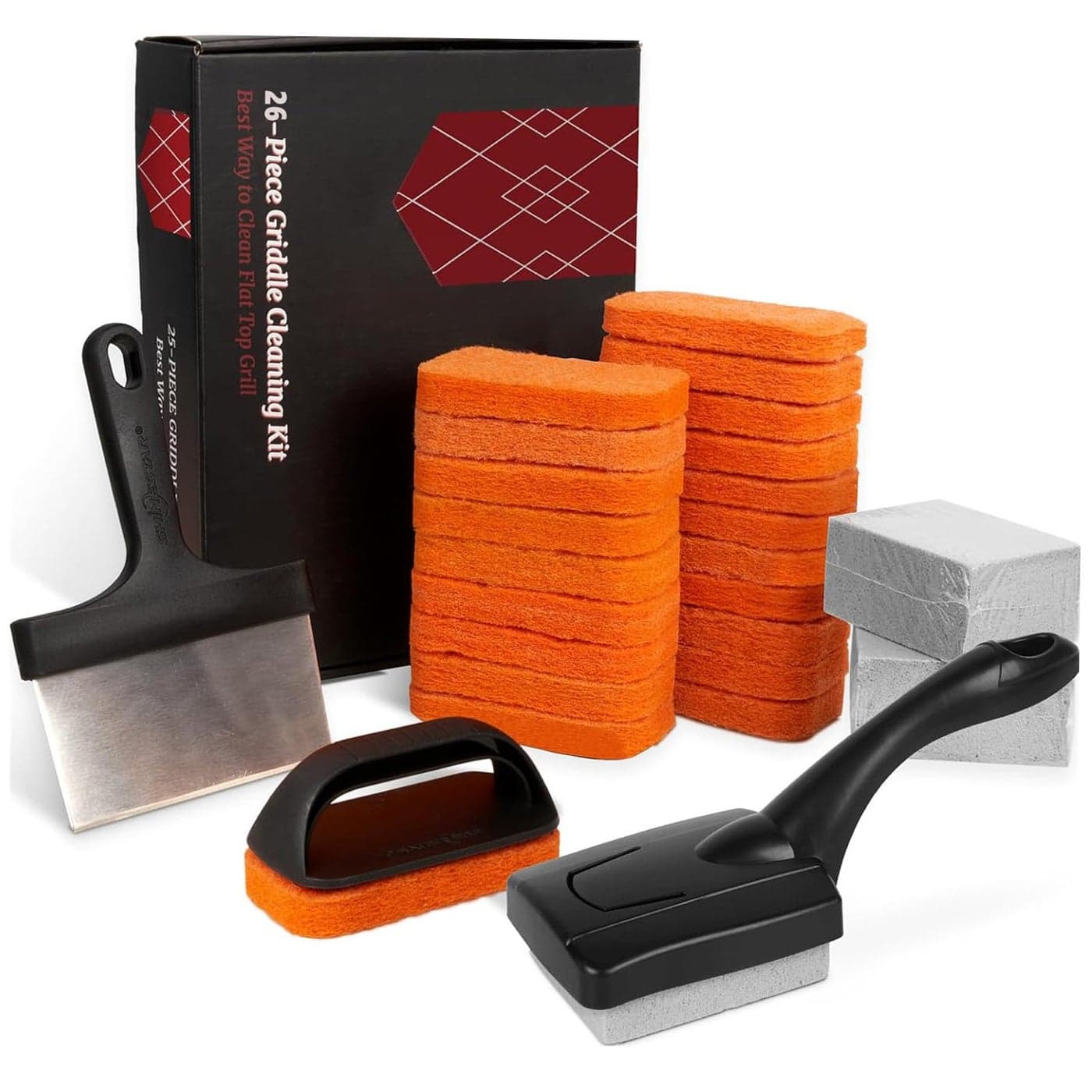 SHINESTAR 26Piece Griddle Cleaning Kit for Blackstone Flat Top Grill Cleaner Kit with Scraper Cleaning Brick Scouring Pads Professional Griddle Accessories Kit for Cleaning Easy to Remove Stain