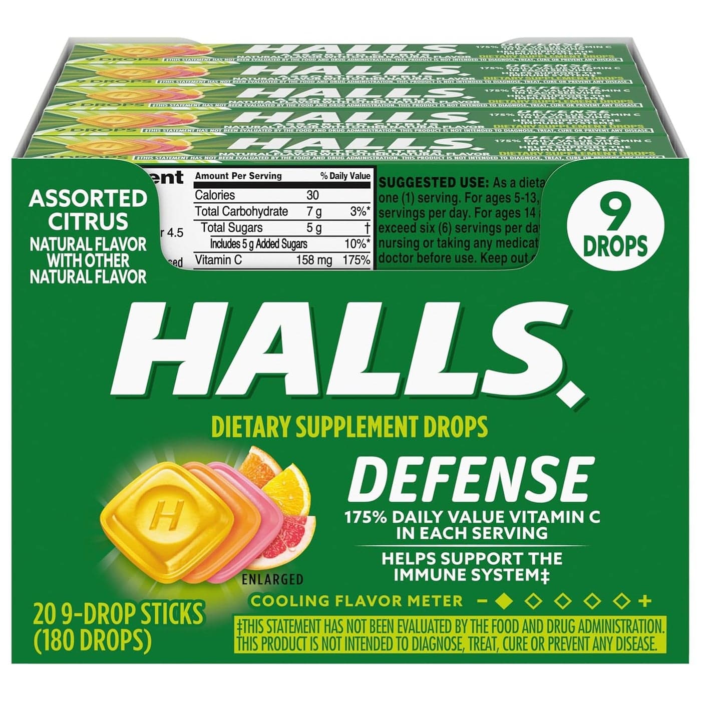 HALLS Defense Assorted Citrus Vitamin C Drops 20 Sticks of 9 Drops 180 Total Drops