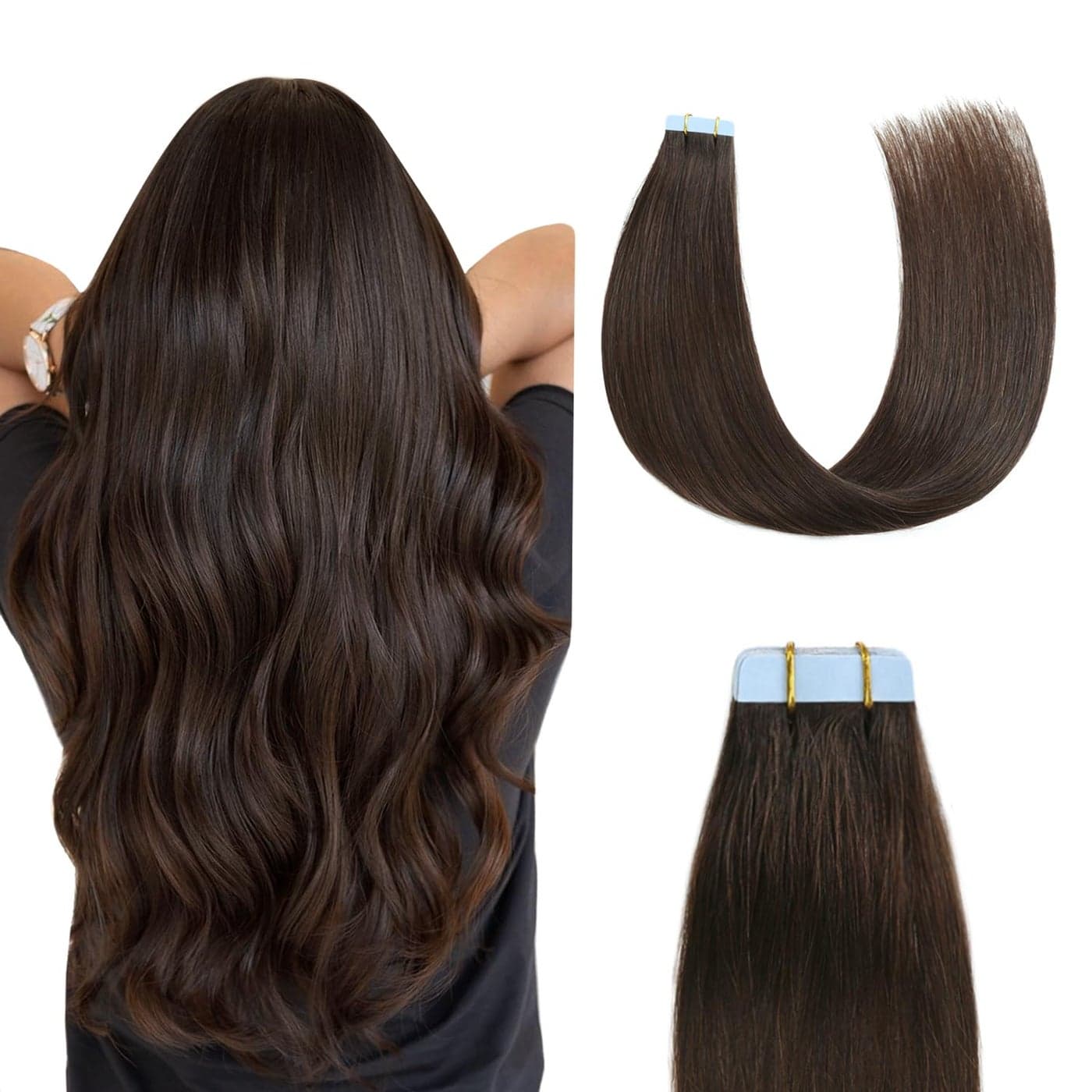 Sunya Tape in Hair Extensions Human Hair 14 inches Silky Straight Remy Human Hair Seamless Skin Weft Hair Extensions Tape in 14 inches 2 Dark Brown 40 Gram 20PcsPack Thick Hair
