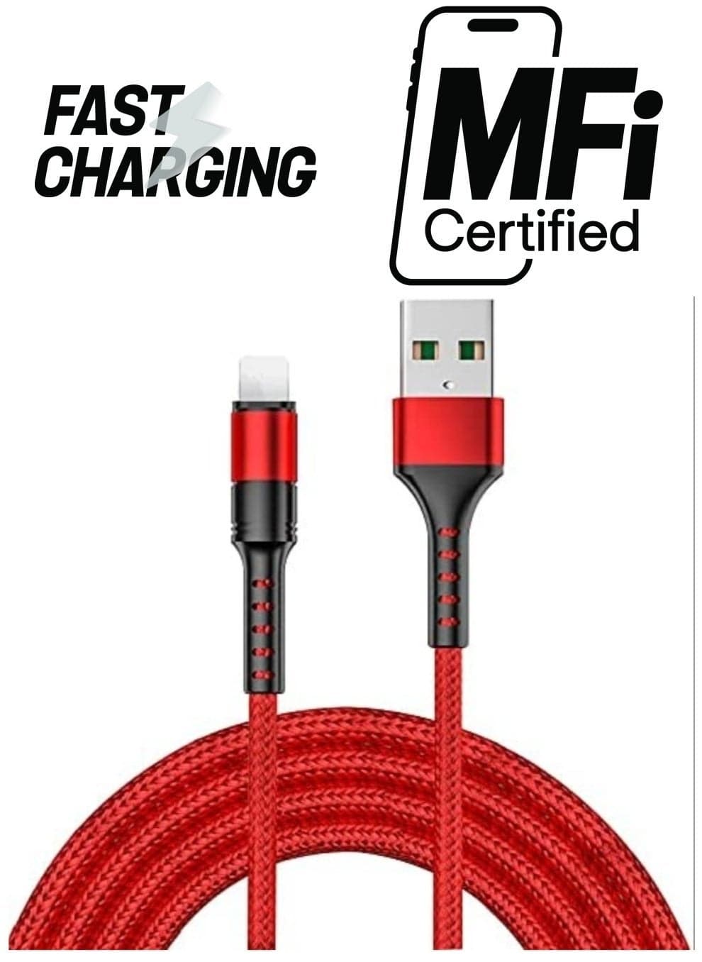 Nylon fast charging cable, 3A lighting charger cable, CE, FCC, ROSH Certified, compatible with iPhone13 /iPhone13 mini/iPhone 13 Pro/iPhone13 Pro Max (Red, 1.2M)