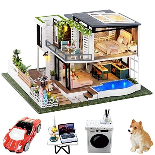Spilay Dollhouse Miniature with FurnitureDIY Wooden Crafts Doll House Mini Handmade Kit124 Scale Creative Room Idea Gift for Adult Friend Lover West Creek House with Dust Cover Music Box Car