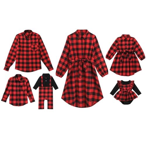 Mommy and Me Christmas Dresses Long Sleeve Green Red Black Buffalo Plaid Family Matching Outfits for Photoshoot Fall Winter Xmas Gingham Mom Daughter Daddy Son Matching Outfits Red Plaid Women XL