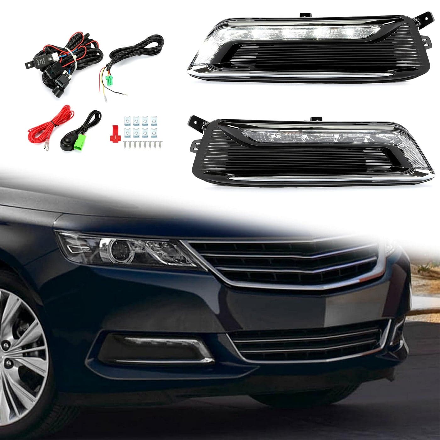 HECASA LED Fog Light Set Compatible with 20142020 Chevrolet Impala Replacement for GM2562102 GM2563102 wFog Light Bezel Wiring Switch Kit Pair Fog Lamp Clear LensBlack Housing