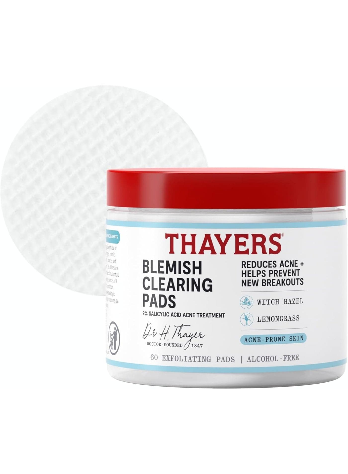 Thayers Blemish Clearing Acne Pads, Salicylic Acid Acne Treatment for Face, Pore Reducing, Exfoliating, and Soothing Skincare, Witch Hazel Toner Pads, 60 Ct