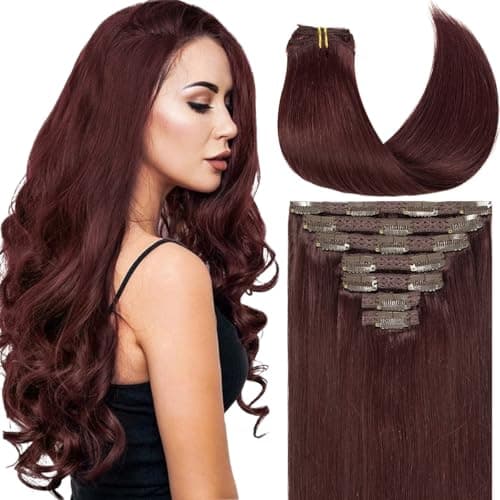 Caliee Hair Extenisons Clip in Human Hair Double Lace Weft Color Wine Red 7 Pcs 120G Silky Straight Thick Remy Seamless Hair Extensions Clip in Human Hair 18 Inch