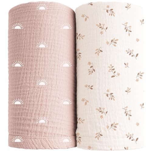 Konssy Muslin Swaddle Blankets for Girls Boys 2 Pack Receiving Baby Blanket Large 47 x 47 inches Soft Breathable Swaddling Wrap for Unisex Newborn Pink SunKhaki Leaf