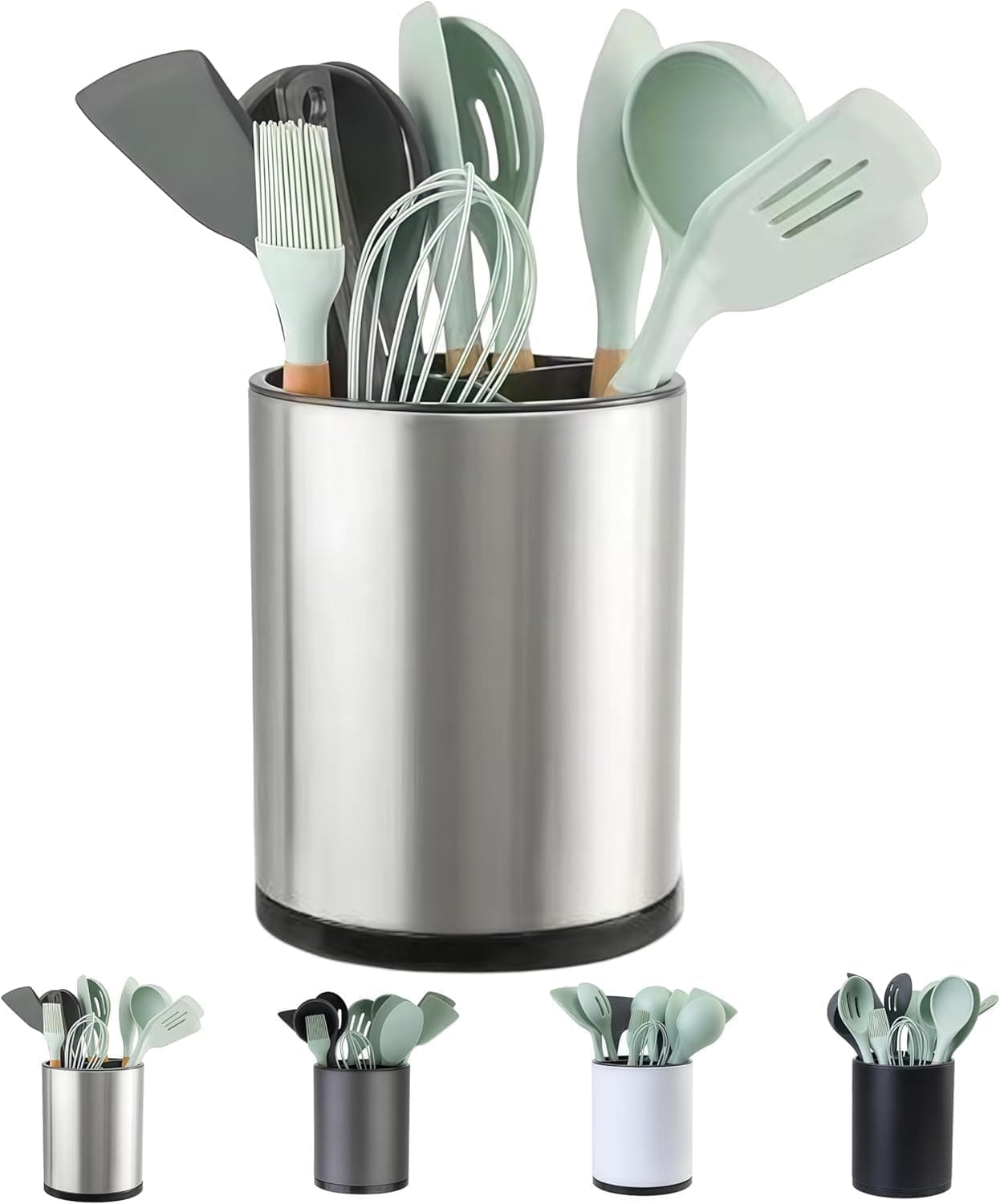 wearonics Kitchen Utensil Holder for Counter – Extra Large Rotating Organizer with 3 Compartments | Stainless Steel Cooking Tool Caddy for Spoon, Spatula & Cutlery | Countertop Storage Jar