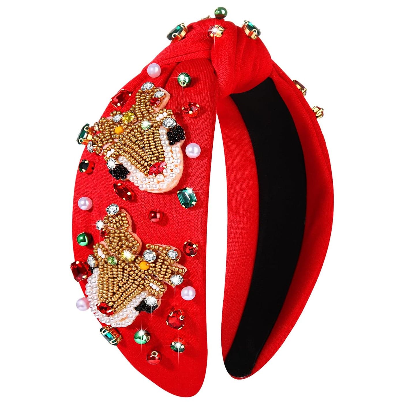 Christmas Headband for Women Beaded Christmas Tree Reindeer Snowflake Headband Jeweled Rhinestone Pearl Knotted Headband Christmas Holiday Hair Accessories Outfit Xmas Party Favor Reindeer 1 Red
