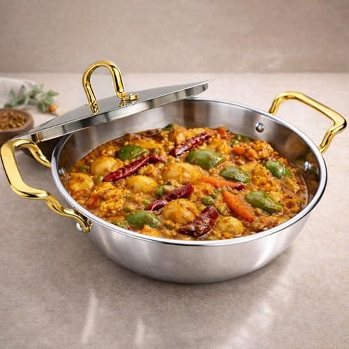 SOLARA MontClaire Premium Triply Stainless Steel Kadai/Kadhai for Cooking with Golden Handles and Steel Lid, 22cm(8.6 Inch), 2.3L Capacity, Induction Friendly Triply Kadai, 100% Toxin & Chemical-Free