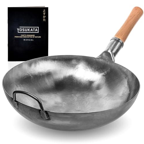 YOSUKATA 14” Round Bottom Carbon Steel Woks and Stir Fry Pans – Unseasoned Pow Wok for Stir Fry, BBQ & Camping – Hand-Hammered Traditional Japanese and Chinese Pan – Gas Stove, Open Fire Only