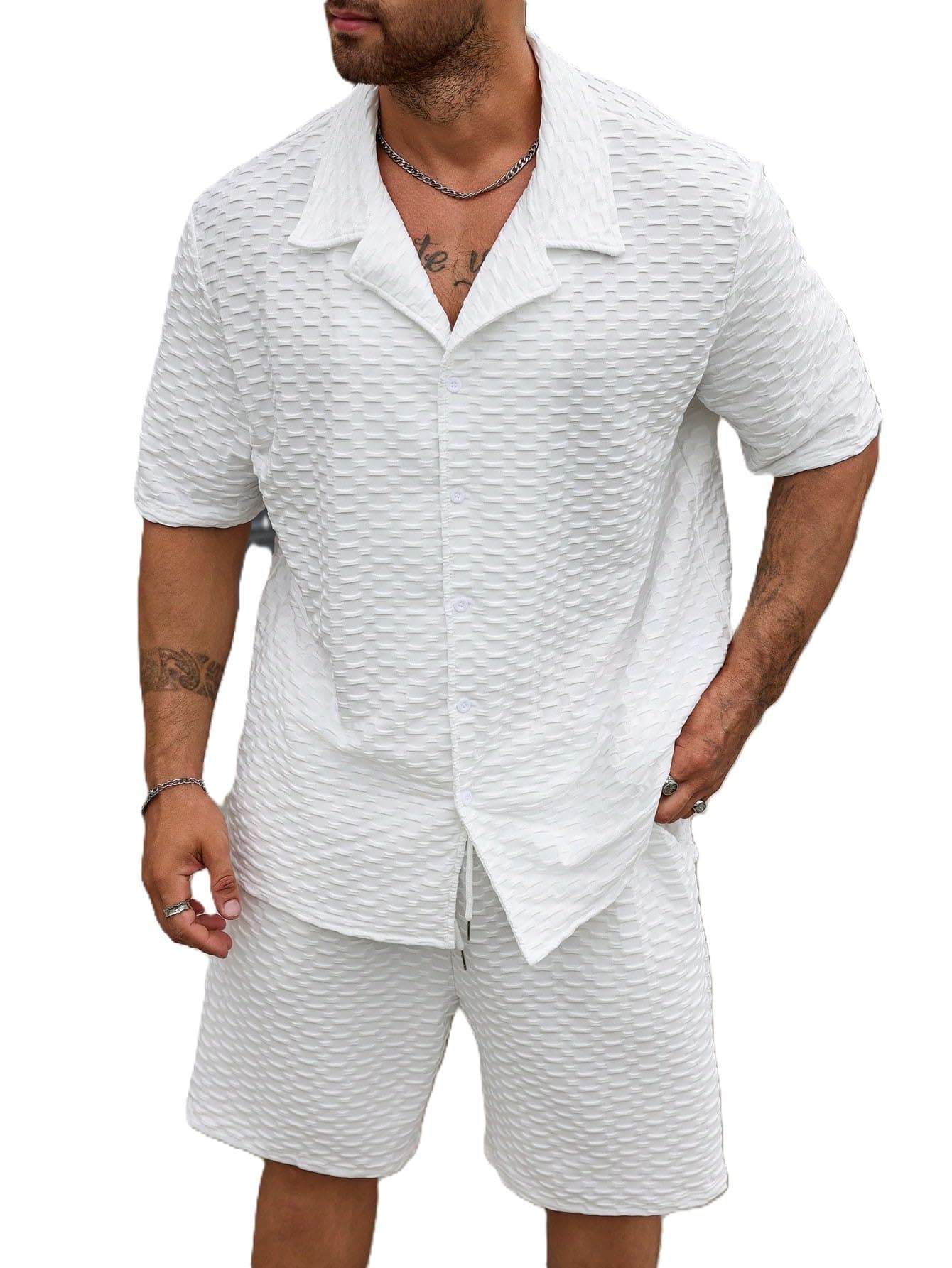RAIZAX Men's Night Dress || Rayon Multi Printed Night Suit Set || Sleepwear Loungewear Shirt & Shorts Combo || Summer Wear Short Pajama Set for Men || Night Suit. (White, L)