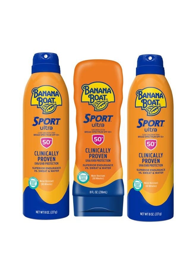 Sport Ultra SPF 50 Sunscreen Triple Pack | Includes 2 Sunscreen Sprays & 1 Lotion SPF 50, Sunblock, Water Resistant, Oxybenzone-Free, 8oz each (Pack of 3)