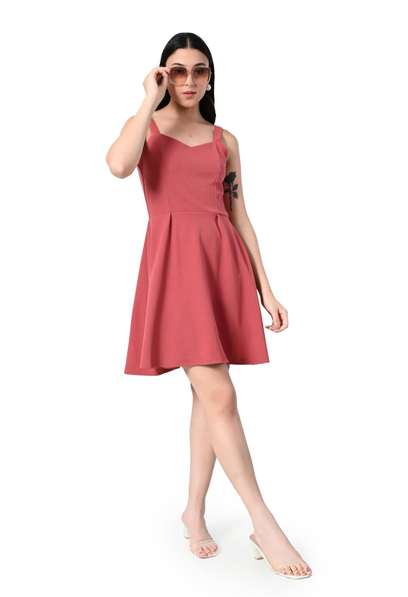 OWL MINK Women's Summer Sweatheart Neck Sleeveless, Fit and Flare Dress| Knee Length Dress |Beach/Party/Wedding Guest Dresses (in, Alpha, S, Regular, Peach)
