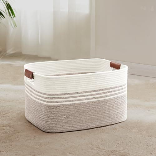SunNewt 45L Small Laundry Basket with Leather Handles for Living Room Storage Woven Rope Baskets Bin for Blanket Kids Toy Gifts Wicker Hamper for Bedroom Dirty Clothes 18x14x11 White Brown