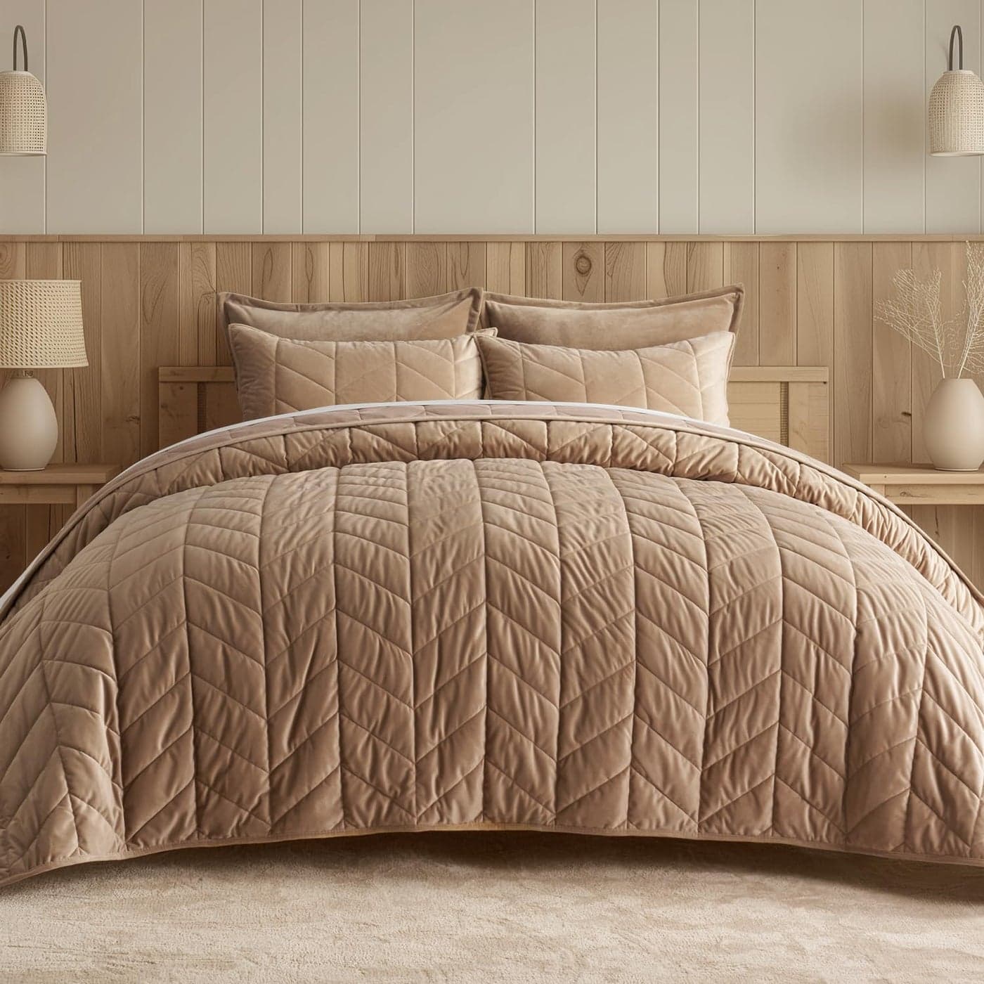 EVERGRACE 3 Pieces Luxurious Velvet King Quilts Ultra Soft Lightweight Velvet Comforter Set Matelasse Oversized Diamond Bedspread Coverlet for All Season with 2 Shams Khaki Tan 108x96