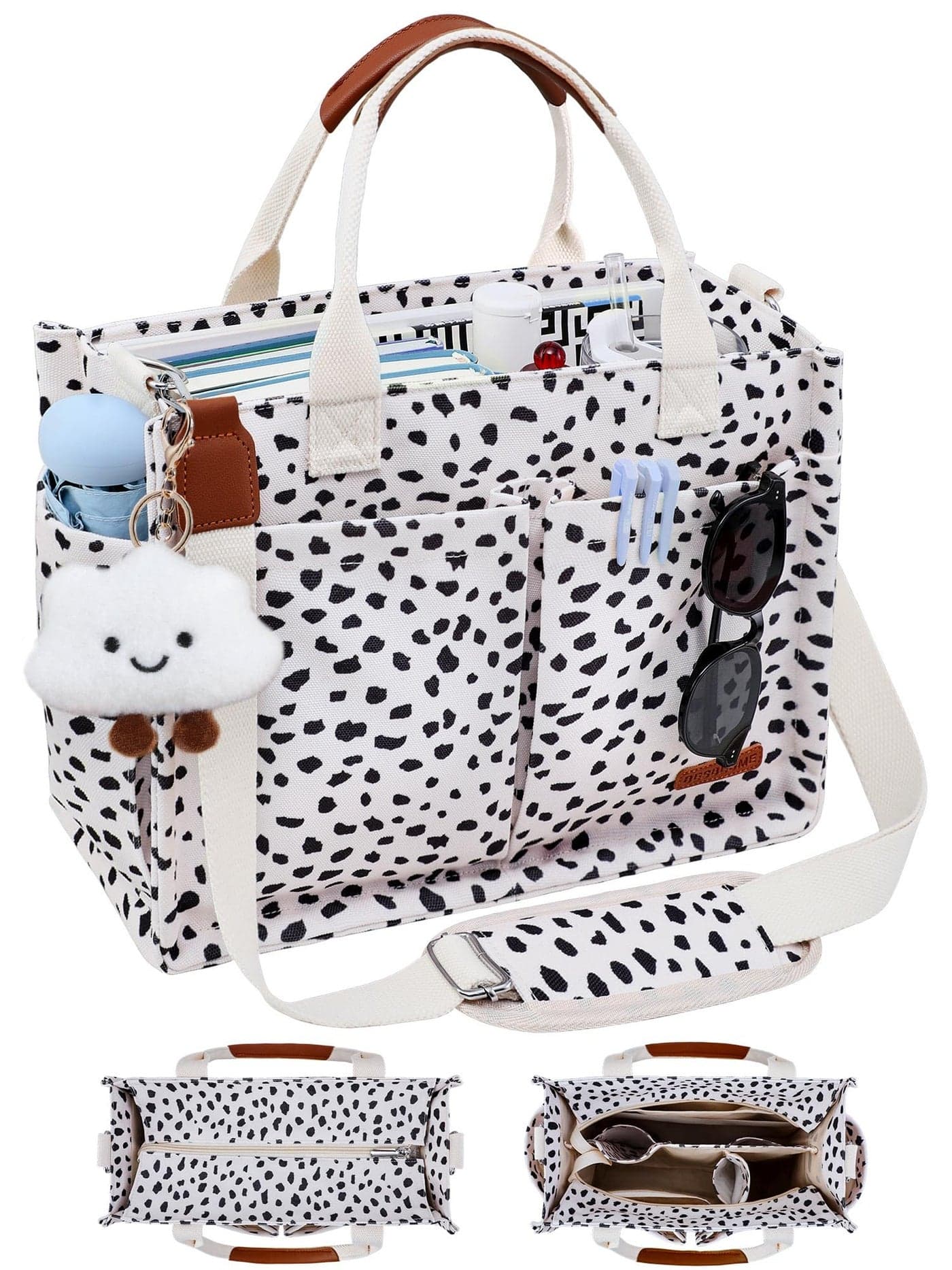 BESBESME Canvas Tote Bag for Women with Zipper, Compartments & Luggage Sleeve, Work and College Crossbody Bag, Adjustable Strap, Laptop Purse for Teacher, Nurse, Travel, Bible Study, Leopard M