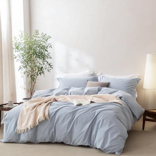 BDEAR 3 Pieces Pinstripe Duvet Cover Queen Size 90''W x 90'' L, 100% Washed Cotton Cornflower Blue and White Striped Duvet Cover with Zipper Closure Plus 2 Pillowcases,Oeko TEX Standard Certificated