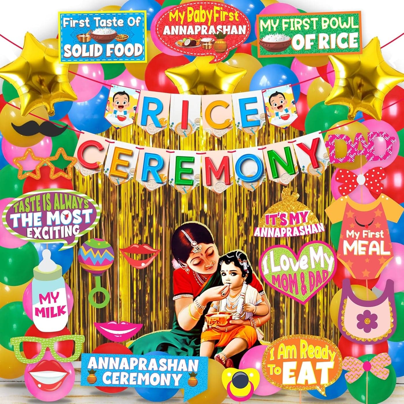 Wobbox Shubh Annaprashan Decoration Items Set which Includes Baby annaprashan Ceremony Props Subh Annaprashan Banner Backdrop Foil Curtain Rice Ceremony Decorations Items52 Pcs SetFP5765