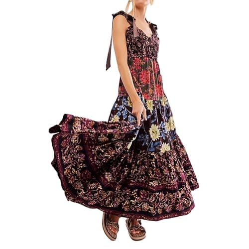 ABYOVRT Women Floral Maxi Dress Sleeveless Tie Shoulder Bohemian Flowy Smocked Dresses Casual Summer Sundress with Pockets(Black,M)