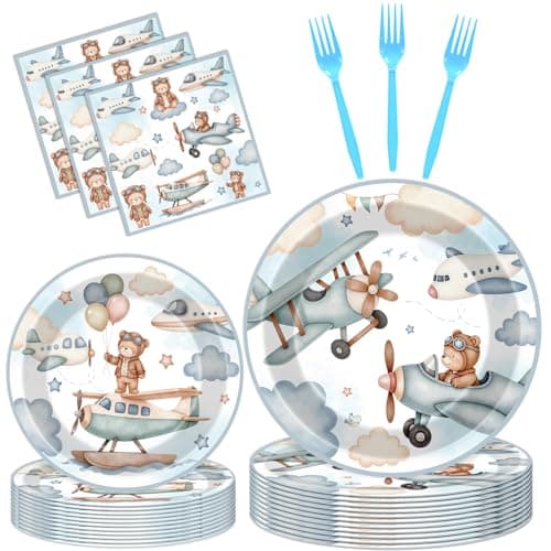 Hokinaa Airplane Baby Shower Decorations - 96 Pcs Blue Bear Plane Gender Reveal Party Supplies, Disposable Paper Plates Napkins Forks Tableware Set, Airplane Theme Birthday Party Decor for Kids Boys