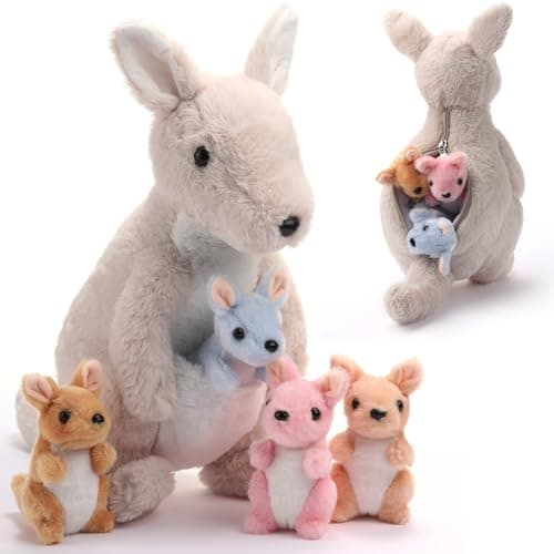 Arrowbash 5 Pcs Kangaroo Stuffed Animals 12 Inch Mommy Stuffed Kangaroo Plush Toy with 4 Babies Insides Kangaroos with Joey Plush Toys and Pouch for Kids Birthday Gift Easter Party FavorsGrey