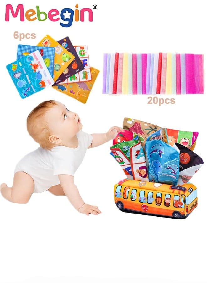 School Bus Shape Baby Tissue Box, Early Learning Sensory Tissue Box, Soft Sensory Toys with Crinkle Tissue Papers and Colorful Scarves for Infant and Toddlers, Colourful Washable Montessori Tissue Box, Perfect for Promoting Parent-child Interaction