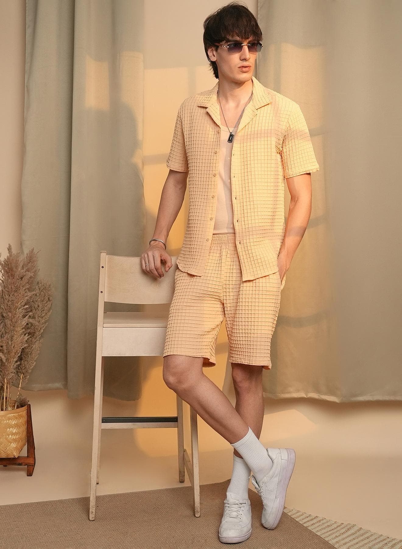 Men's Canvas Beige Waffle-Textured Co-Ord Set
