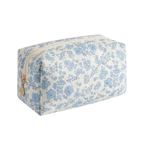 Gleyemor Small Quilted Makeup Bag for Women, Cute Floral Bow Cosmetic Bag, Emergency Bag Travel Toiletry Cotton Pouch Gifts for Girls Her Mom Friend Sister Bridesmaid (Blue Floral)