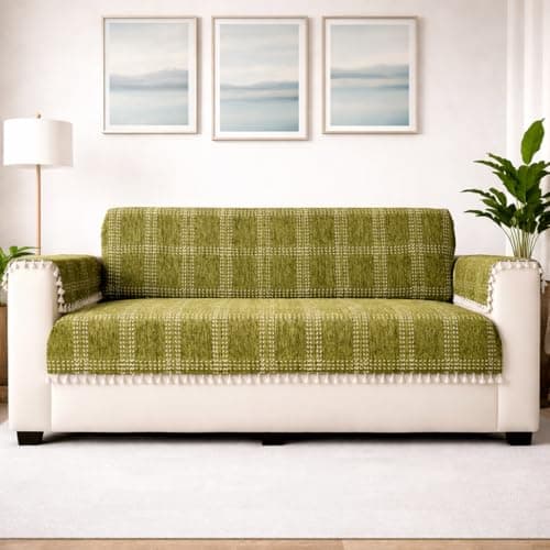 STITCHNEST 'Artisoul Series' Chenille Sofa Cover 3+1+1 Seater Fully Covered with 6 Hand Rest Covers | Premium Heavy Fabric, Washable & Fade Resistant | Green Sofa Protector with Tassels | 5 Seater