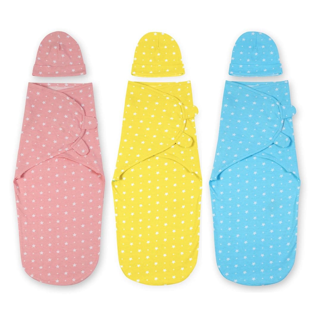 The Mom Store Cotton Baby Swaddle and Cap Set Soft Adjustable Velcro Closure 03M Blue Pink and Yellow Star Pack of 3