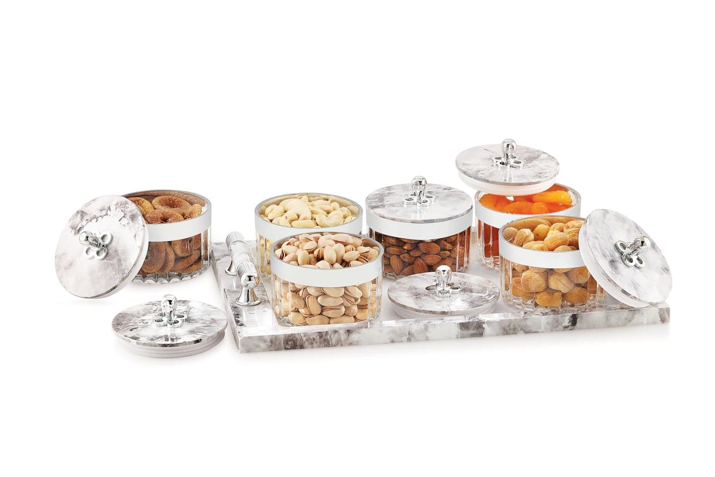 Nabhya Acrylic Unbreakable Multipurpose Airtight Dry Fruit Container Set With Lid & Serving Tray | Plastic Transparent Storage Box (White, Pack of 6)