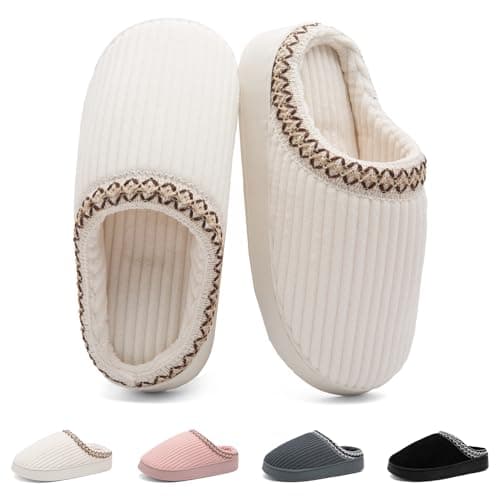 Harxxitd Slippers for Women&Men with Memory Foam Corduroy Closed Toe House Shoes Ladies Winter Warm Comfy Bedroom Women's Slipper Indoor and Outdoor Slip-on Rubber Sole(B667White12-13