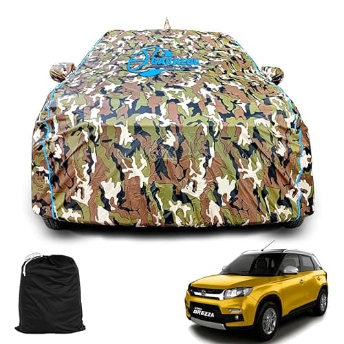 GARREGE® Waterproof Car Body Cover Compatible for Maruti Vitara Brezza with Mirror Pocket and Antenna Pocket, Triple Stitched (Dynamite Jungle Print with Blue Piping Design)