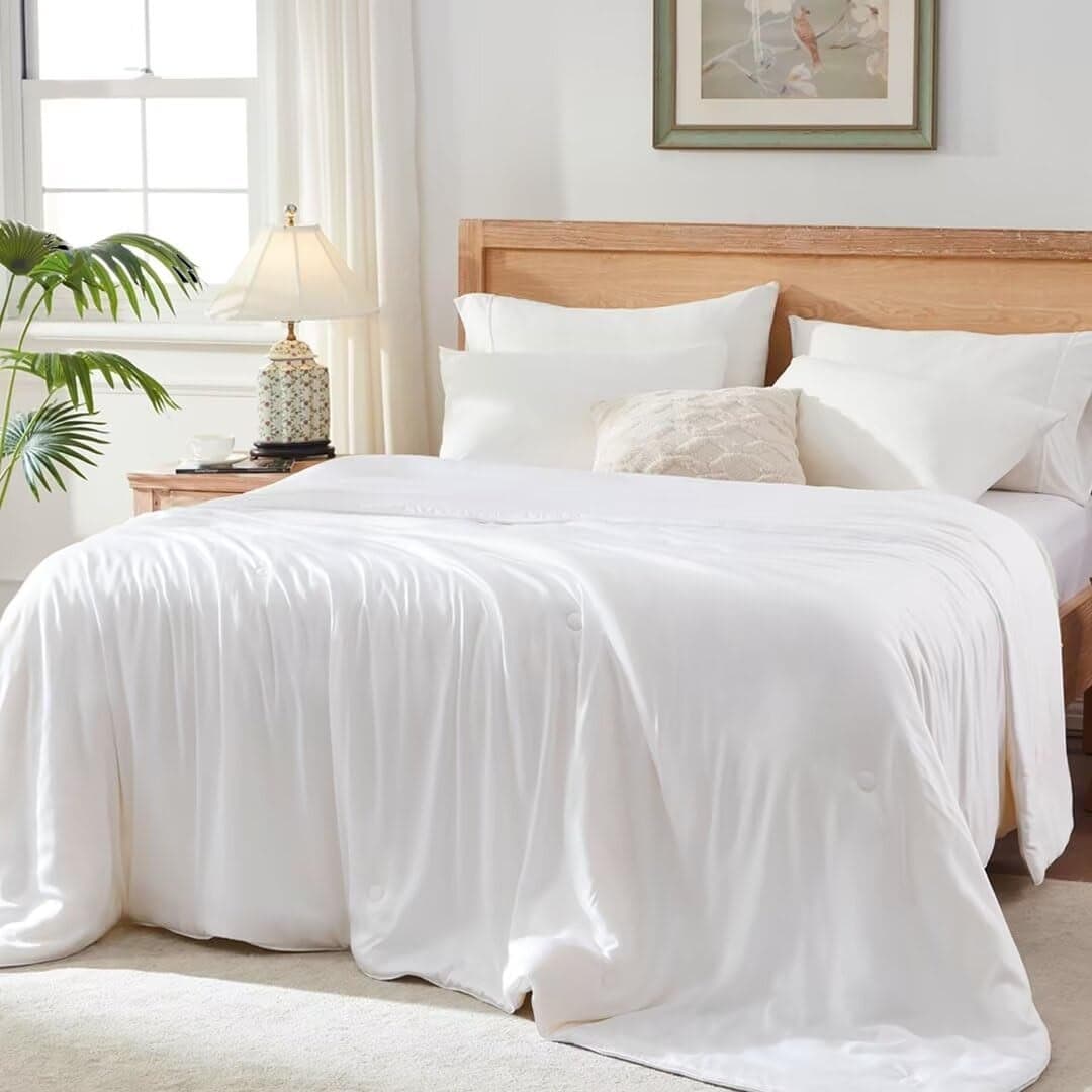 Globon Summer Comforter Queen SizeLuxurious Lightweight Blanket for Hot SleepersNatural Cooling Bamboo Viscose ShellOrganic Breathable Fill Double StitchWhite
