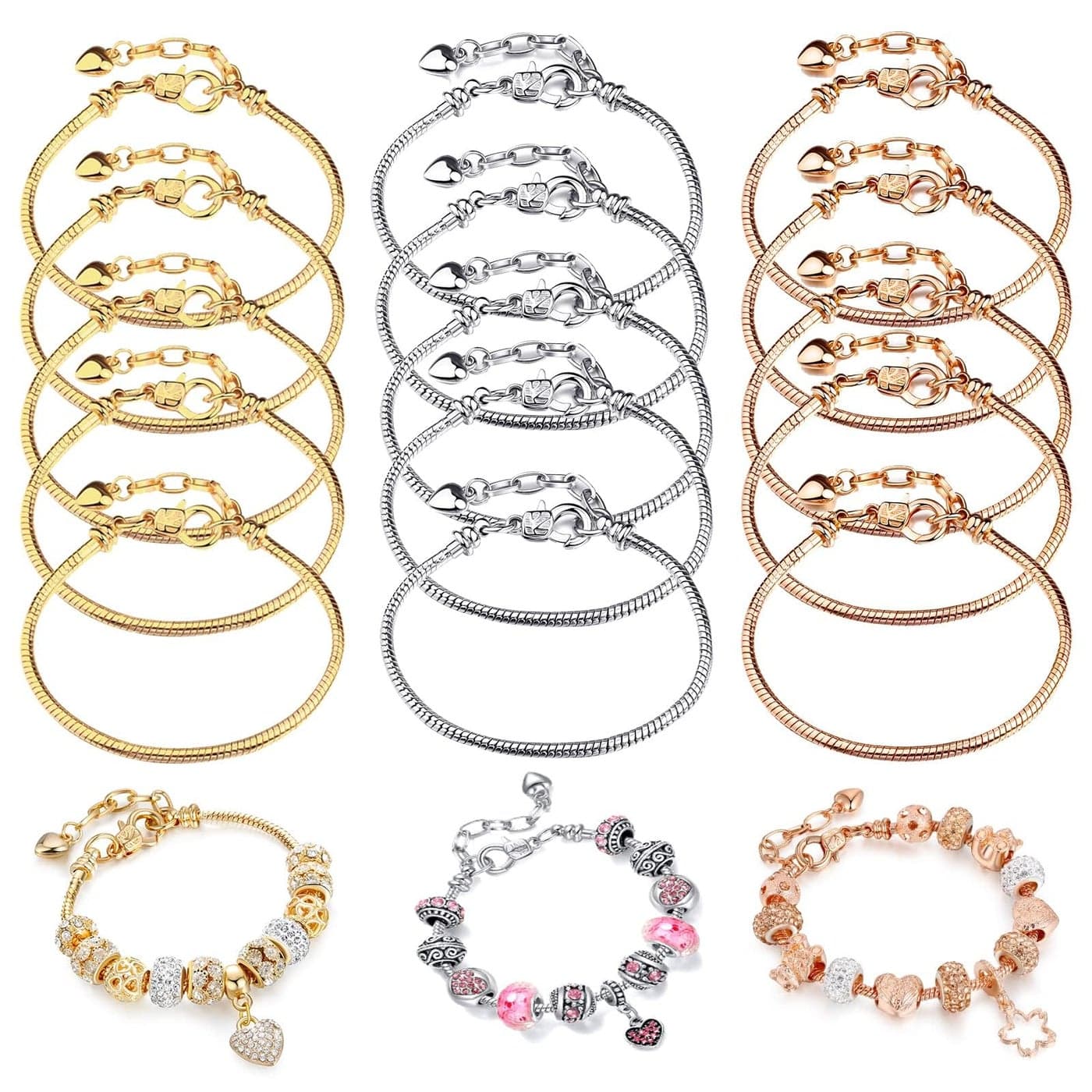 ZABARE Bracelet Chains for Jewelry Making 15 PCS Stainless Steel Snake Chain BraceletsDIY Jewelry Making Unisex Charm Bracelet Craft Supplies for Women Men