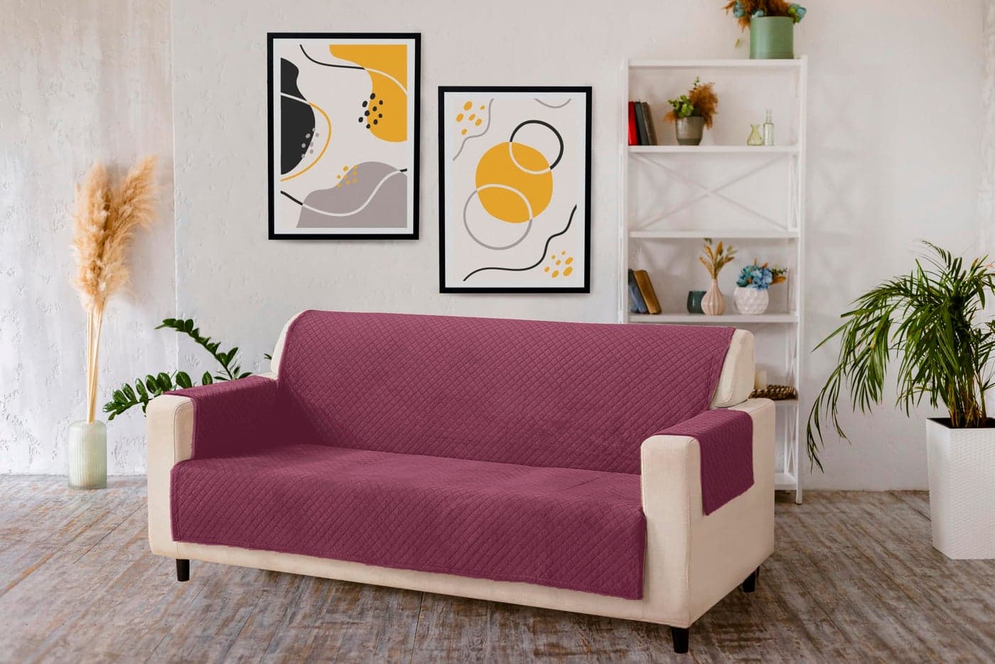 KINGLY Velvet Quilted Universal Elastic Sofa Cover Non-Slip Sofa Protector 5 Seater Armchair Cover with Machine Washable Adjustable Elastic Straps (3+1+1 Seater) (Onion Pink)