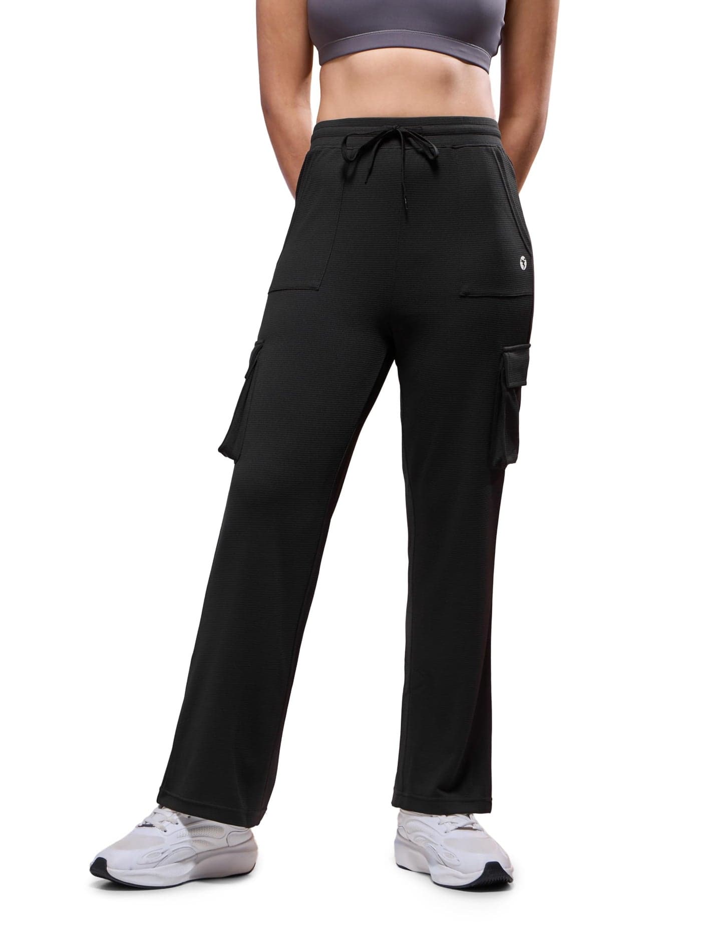 TECHNOSPORT Women's Straight Fit Solid Sports Cargo Trackpants with Technocool+ - (WPW152BLK_Black_L)