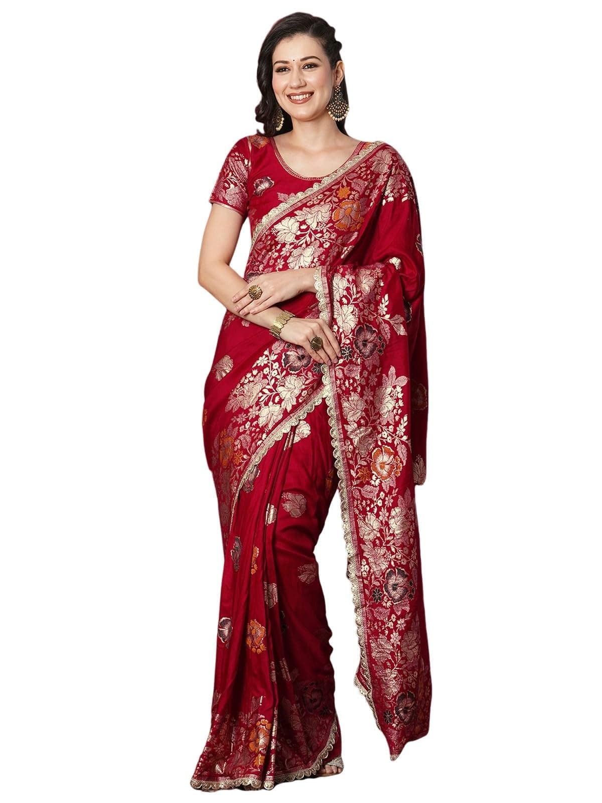Satrani Women's Cotton Silk Banarasi Jacquard Saree with Unstitched Blouse Piece (4067S6420N_Red)
