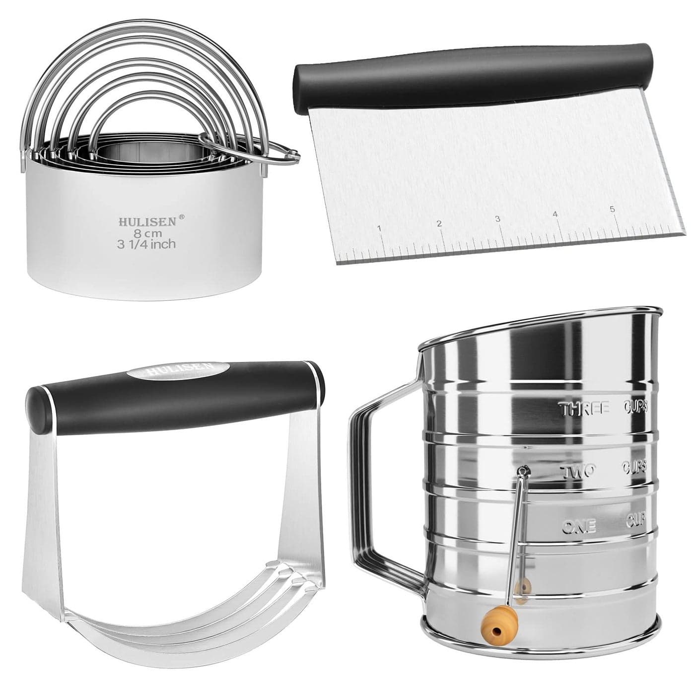 HULISEN Pastry Cutter Dough Blender 3 Cup Flour Sifter and Biscuit Cutter Stainless Steel Dough Cutter Professional Baking Dough Tools for Cooking Cookies and Donuts4 PcsSet