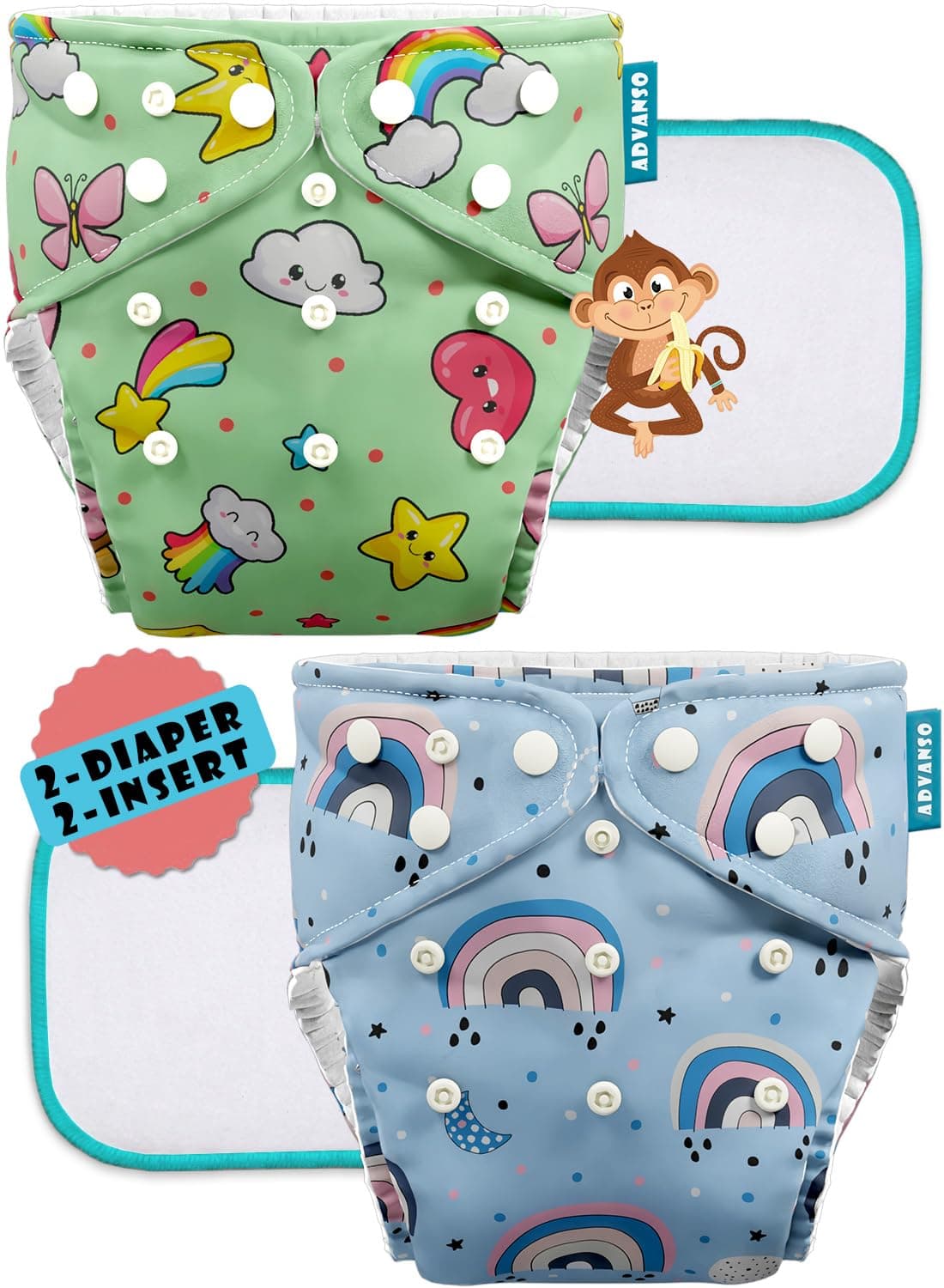 Advanso Leakage Proof cloth diapers for babies, high absorbent 2 reusable diaper 2 insert pad combo pack washable cloth diaper free size 5-18kg adjustable pocket cover 26