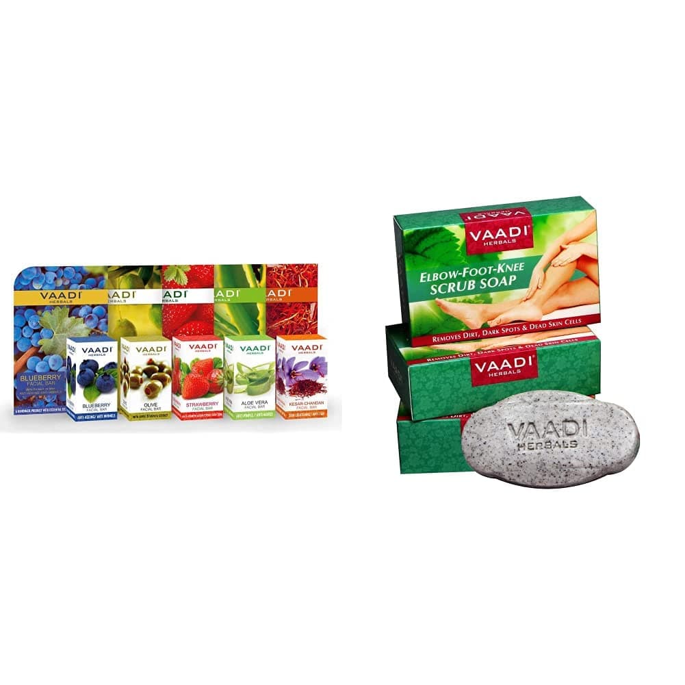 Vaadi Herbals Assorted Facial Bars 25g Pack of 5 and Vaadi Herbals Elbow Foot Knee Scrub Soap with Almond and Walnut Scrub 75g x 3