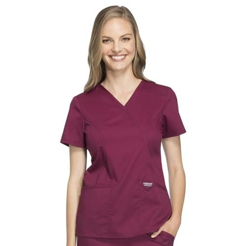 Cherokee Scrubs Top for Women Mock Wrap with 3 Pockets, Soft, 2-Way Stretch & Durable Fabric - WW610, XXS, Wine