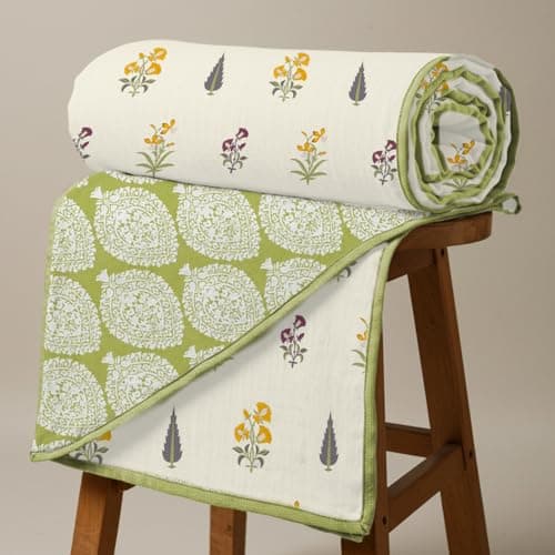 Urban Space 100% Cotton Malmal Double Bed Dohar All Season Reversible Blanket Soft Lightweight and Breathable Ac Dohar/Quilt/Blanket/for Bed Sofa AC Blanket (86 x 95 inch High Gardern Yellow)-200 TC