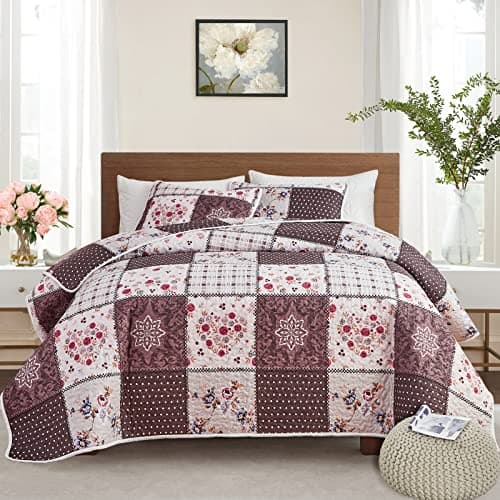Patchwork Quilt Set Twin Size, 2 Pieces Brown White Floral Plaid Design Summer Bedspread Coverlet Set, Soft Microfiber Reversible Lightweight Bed Cover for Kids (68" x 86", 1 Quilt+ 1 Pillow Sham)
