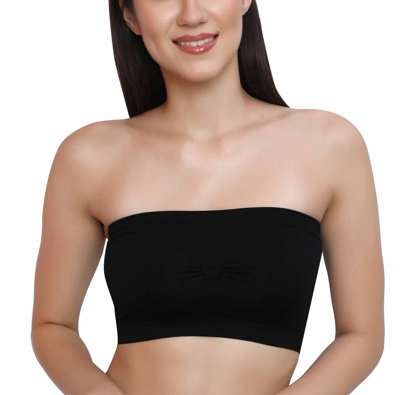 GLAMORAS Nylon Spandex Padded Strapless Non Wired Removable Pads Seamless Bandeau Tube Top Bra Black