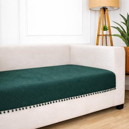 STITCHNEST 4 Seater Quilted Velvet Sofa Cover with Pom Pom | Elegant Green Sofa Protector for Living Room | Soft, Washable | Perfect for Enhancing Living Room Interiors