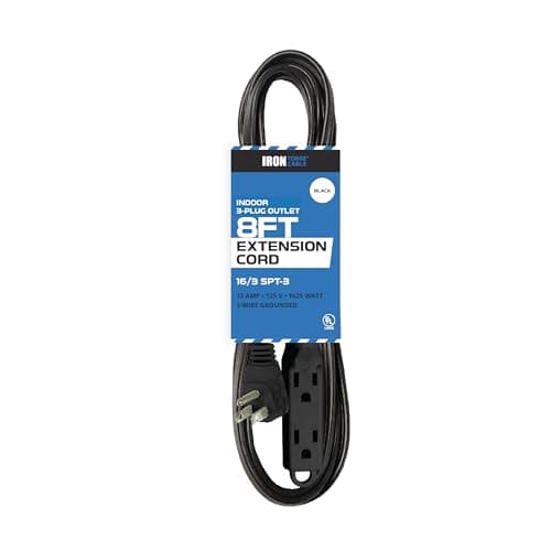 Iron Forge Cable 8 ft Flat Plug Black Extension Cord with 3 Outlets - 16/3 SJTW 3 Prong Indoor Extension Cord with Multiple Outlets